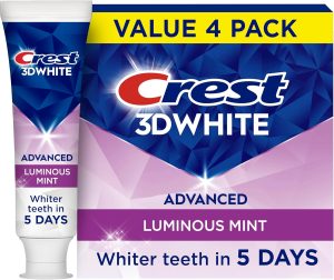 Crest 3D White Advanced Teeth Whitening Toothpaste – Fluoride Formula for Enamel Protection & Cavity Prevention, 4 Pack