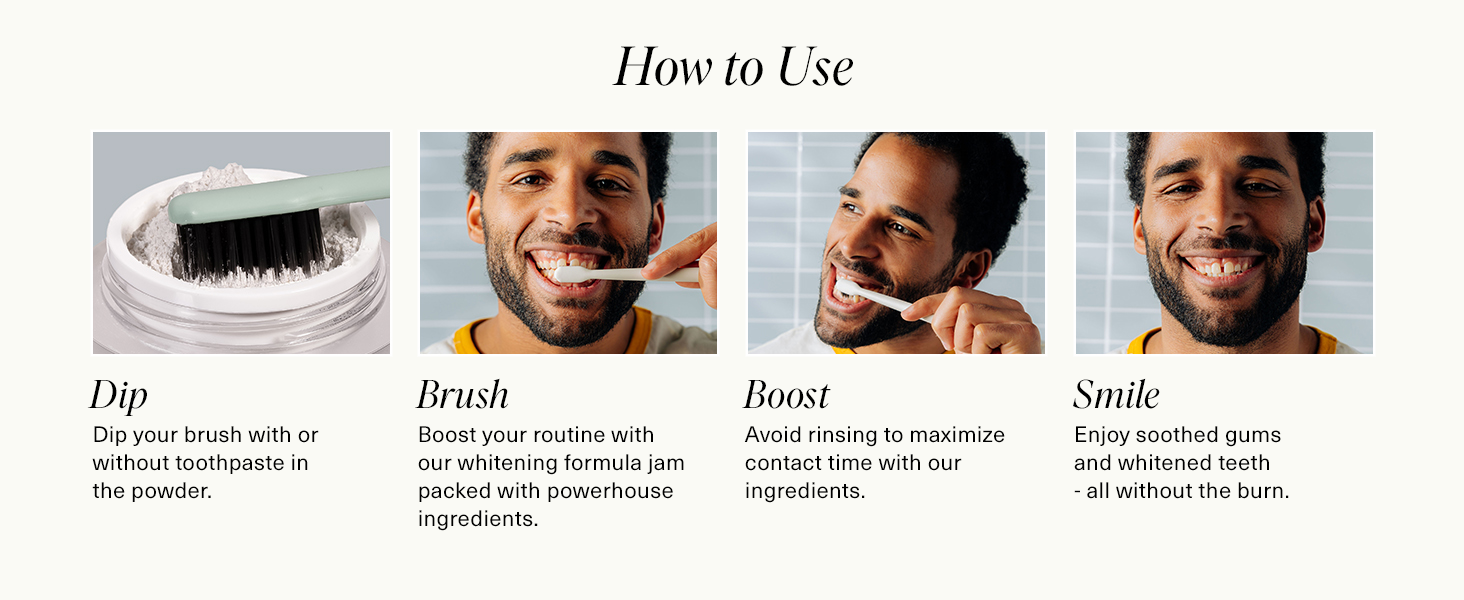 Easier to use Boka whitening teeth powder with dip, brush, boost &amp; smile