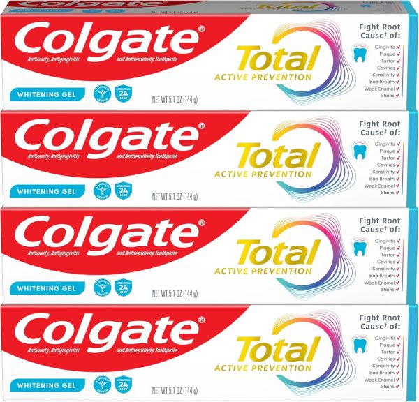 Colgate Total Whitening Toothpaste Gel with Fluoride – Mint Flavor, Enamel Strengthening & Fresh Breath, 4 Pack